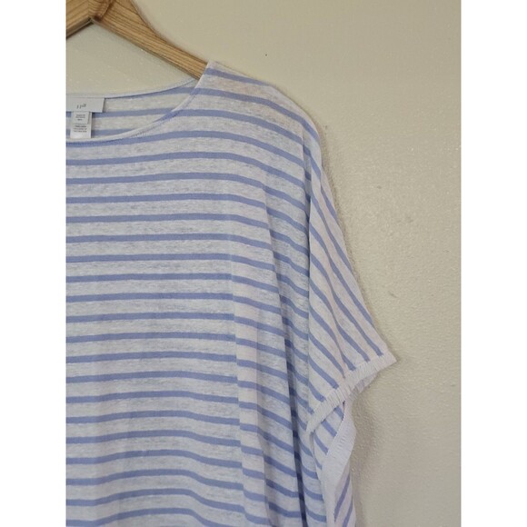 J Jill Striped 100% Linen Fringe Poncho Top Womens Size M/L Blue White Pullover - Picture 2 of 8